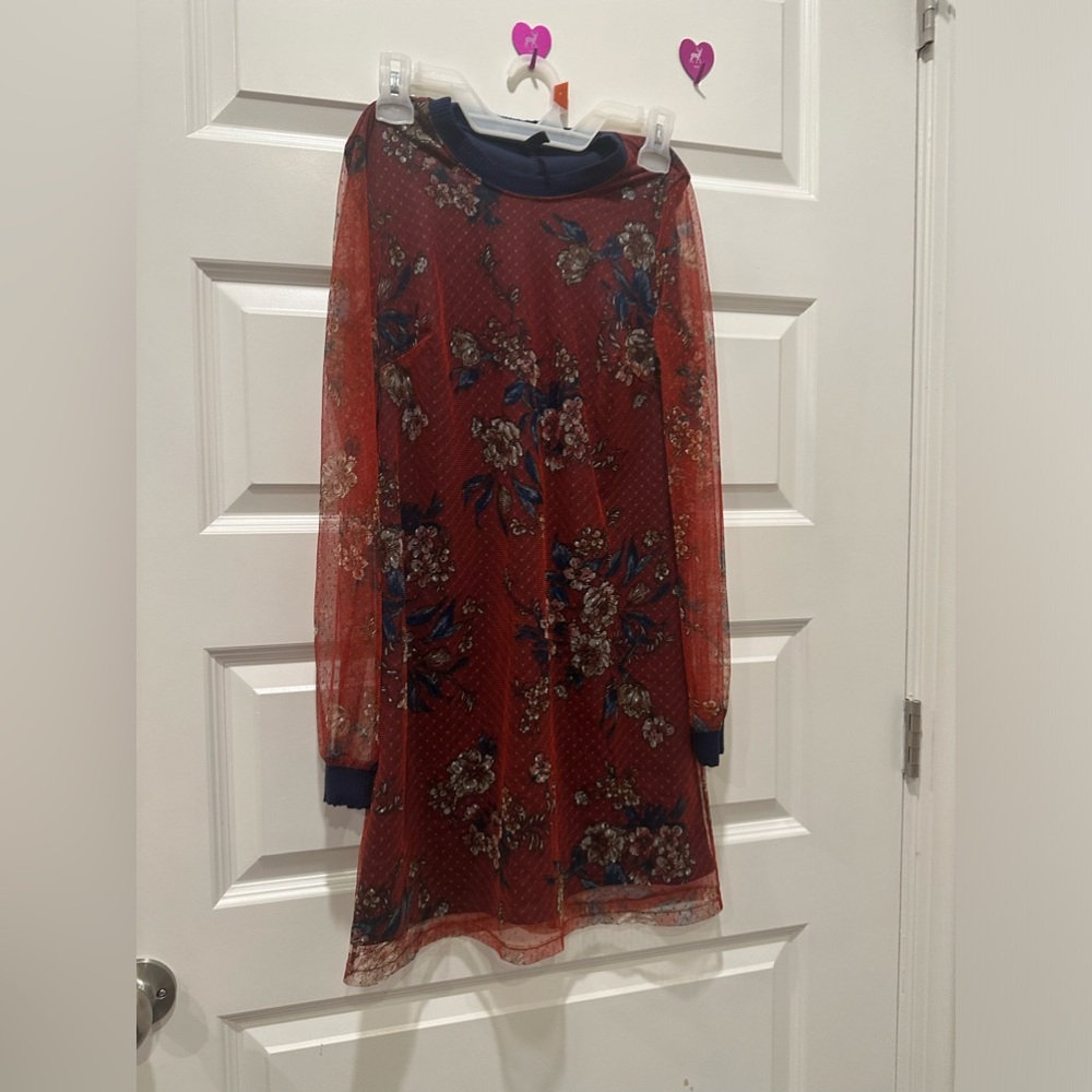 Long sleeve mesh burgundy and navy dress - Picture 4 of 14